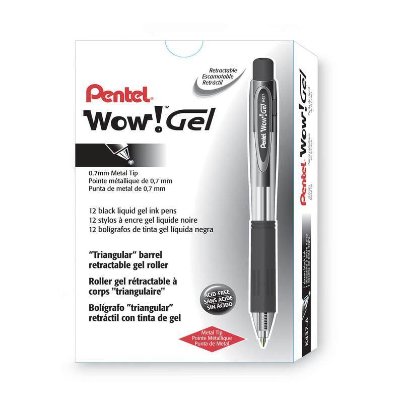 Pentel WOW! Gel Pen, Retractable, Medium 0.7 mm, Black Ink, Clear/Black Barrel, Dozen