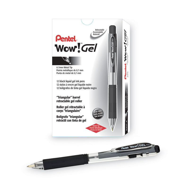 Pentel WOW! Gel Pen, Retractable, Medium 0.7 mm, Black Ink, Clear/Black Barrel, Dozen