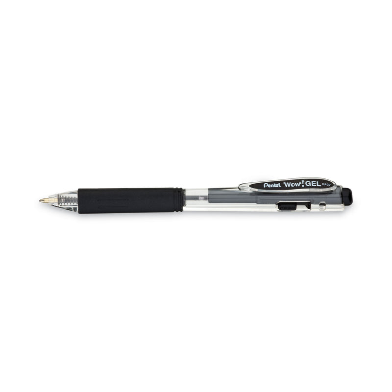 Pentel WOW! Gel Pen, Retractable, Medium 0.7 mm, Black Ink, Clear/Black Barrel, Dozen