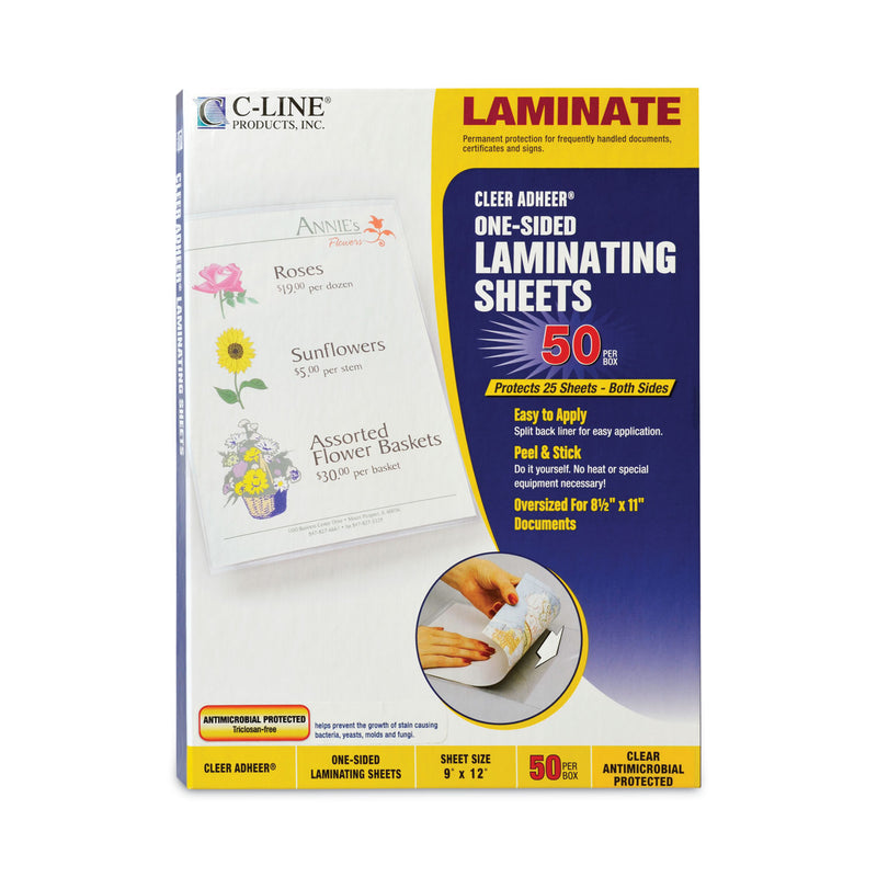 C-Line Cleer Adheer Self-Adhesive Laminating Film, 3 mil, 9" x 12", Gloss Clear, 50/Box
