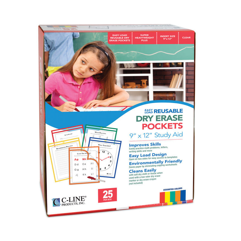 C-Line Reusable Dry Erase Pockets, Easy Load, 9 x 12, Assorted Primary Colors, 25/Pack