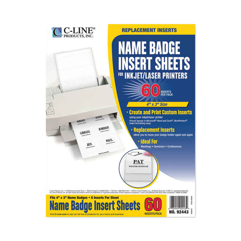 C-Line Name Badge Inserts, 4 x 3, White, 60/Pack