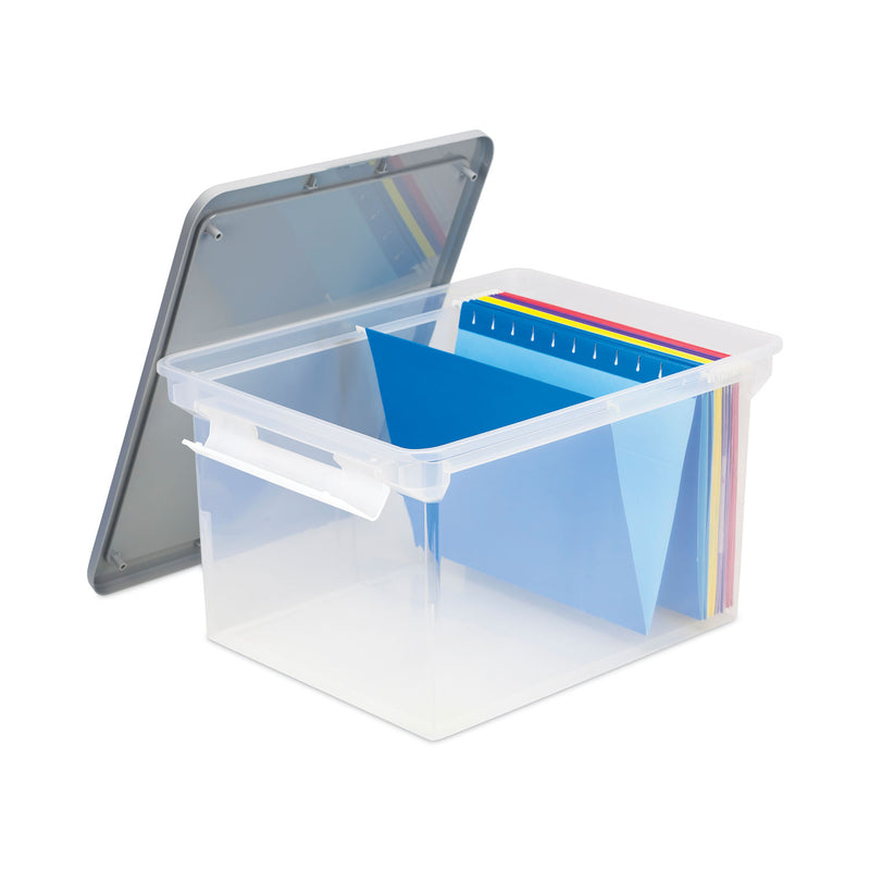 Storex Portable File Tote with Locking Handles, Letter/Legal Files, 18.5" x 14.25" x 10.88", Clear/Silver