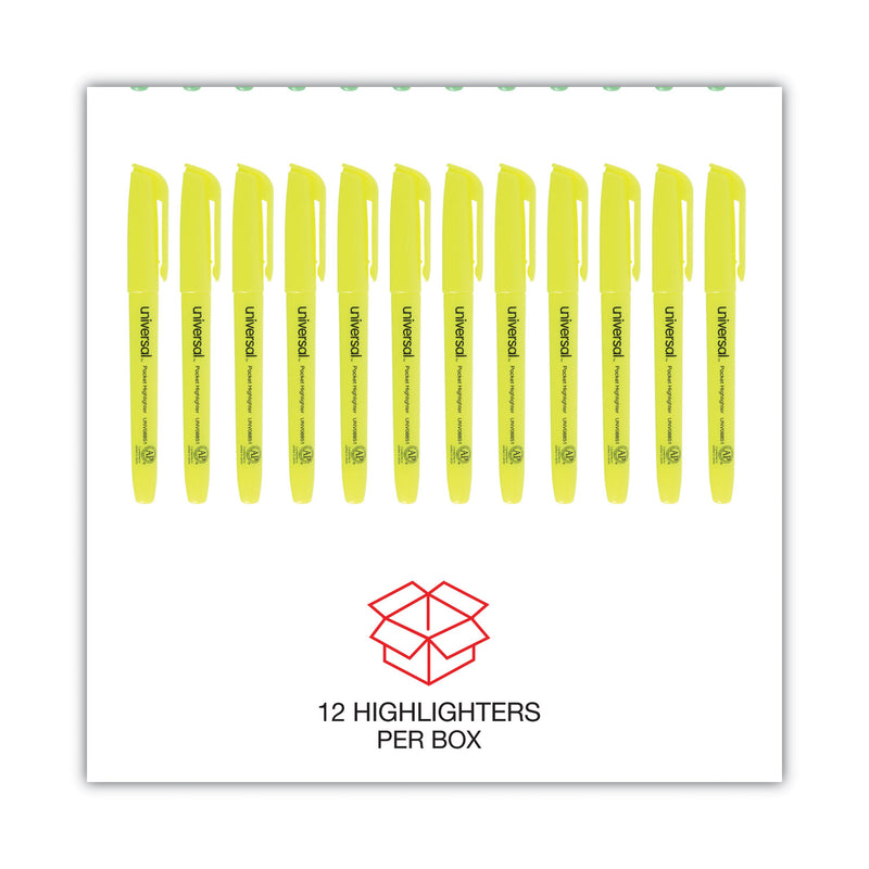 Universal Pocket Highlighters, Fluorescent Yellow Ink, Chisel Tip, Yellow Barrel, Dozen