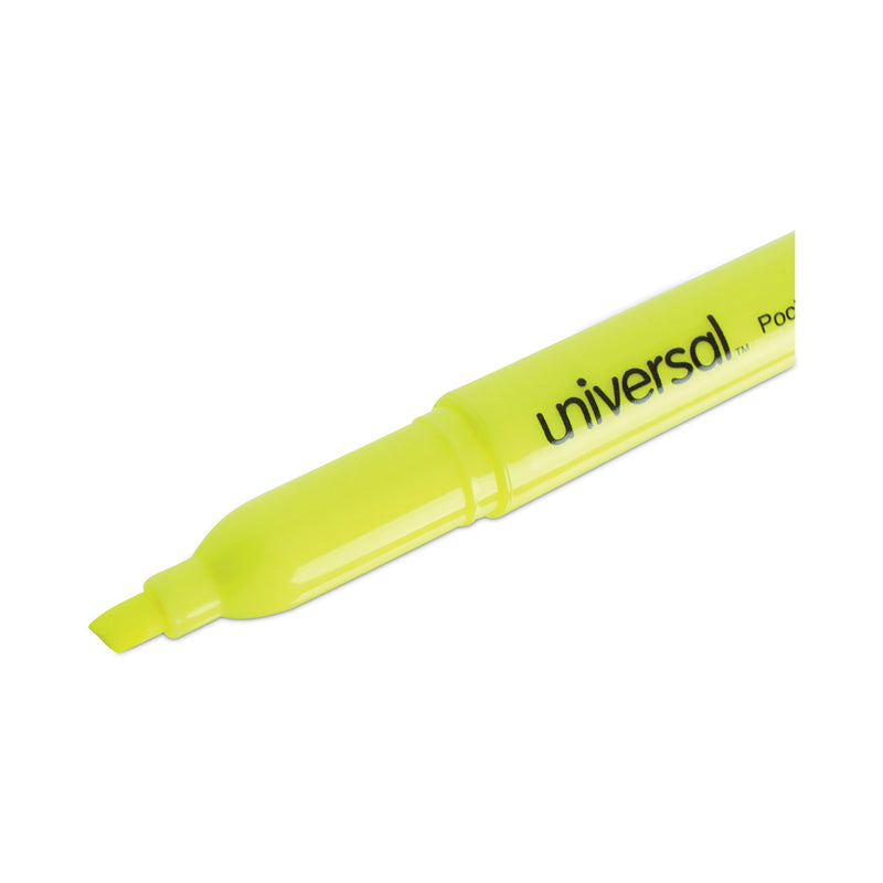 Universal Pocket Highlighters, Fluorescent Yellow Ink, Chisel Tip, Yellow Barrel, Dozen