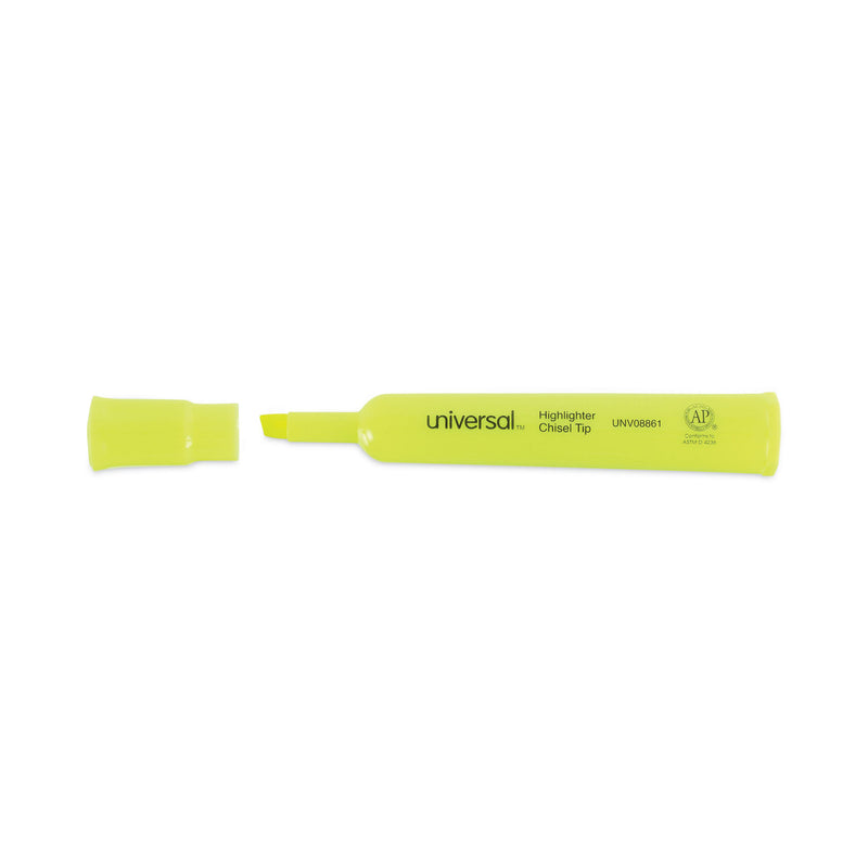 Universal Desk Highlighters, Fluorescent Yellow Ink, Chisel Tip, Yellow Barrel, Dozen