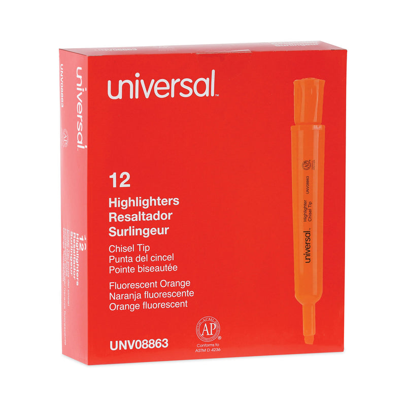 Universal Desk Highlighters, Fluorescent Orange Ink, Chisel Tip, Orange Barrel, Dozen