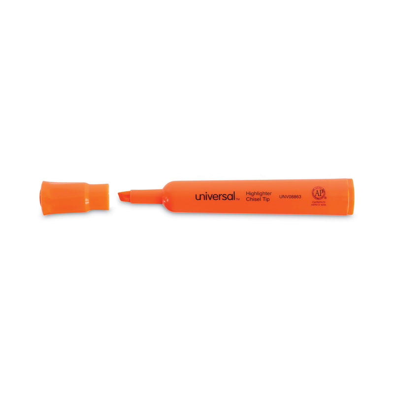 Universal Desk Highlighters, Fluorescent Orange Ink, Chisel Tip, Orange Barrel, Dozen