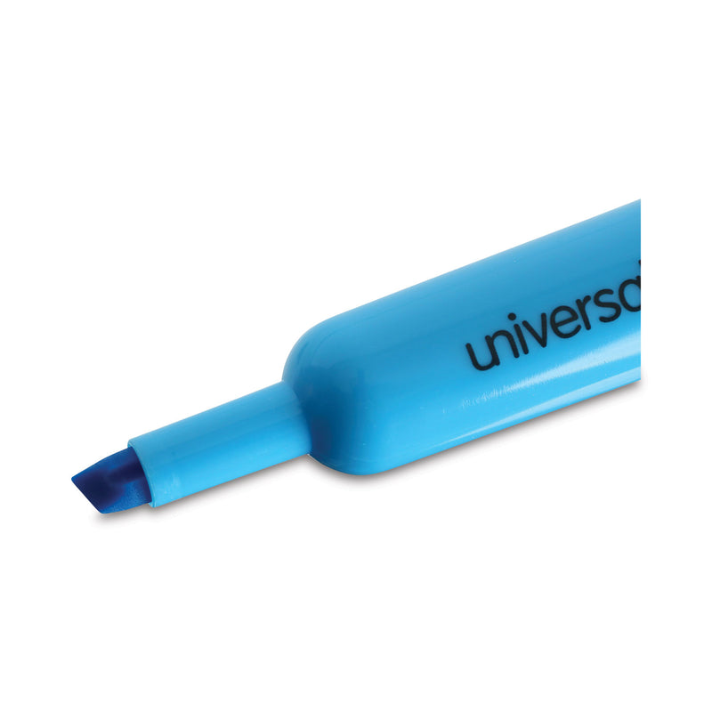 Universal Desk Highlighters, Fluorescent Blue Ink, Chisel Tip, Blue Barrel, Dozen