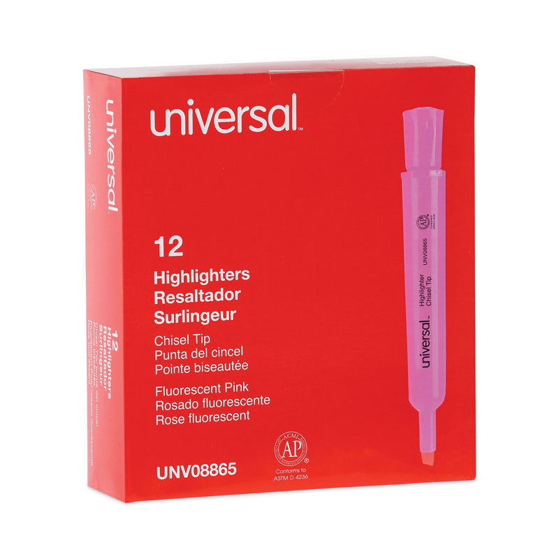 Universal Desk Highlighters, Fluorescent Pink Ink, Chisel Tip, Pink Barrel, Dozen