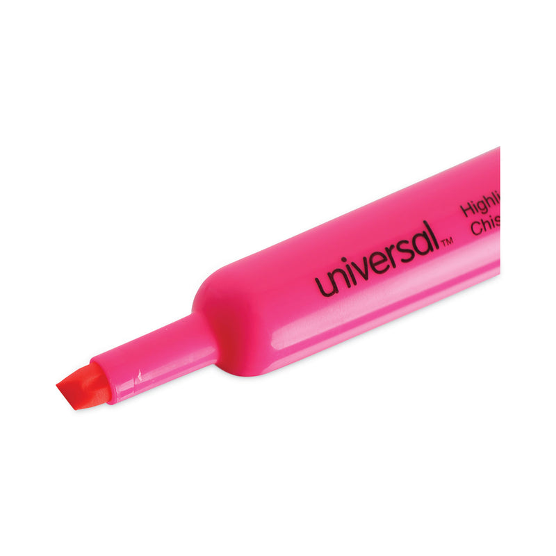 Universal Desk Highlighters, Fluorescent Pink Ink, Chisel Tip, Pink Barrel, Dozen