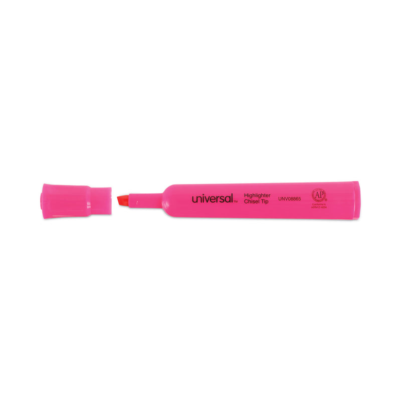 Universal Desk Highlighters, Fluorescent Pink Ink, Chisel Tip, Pink Barrel, Dozen