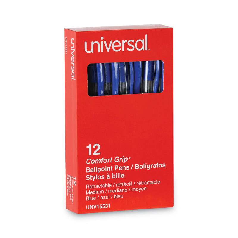 Universal Comfort Grip Ballpoint Pen, Retractable, Medium 1 mm, Blue Ink, Clear Barrel, Dozen