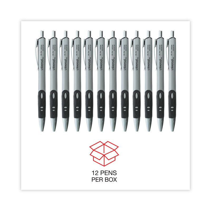 Universal Comfort Grip Gel Pen, Retractable, Medium 0.7 mm, Black Ink, Silver Barrel, Dozen