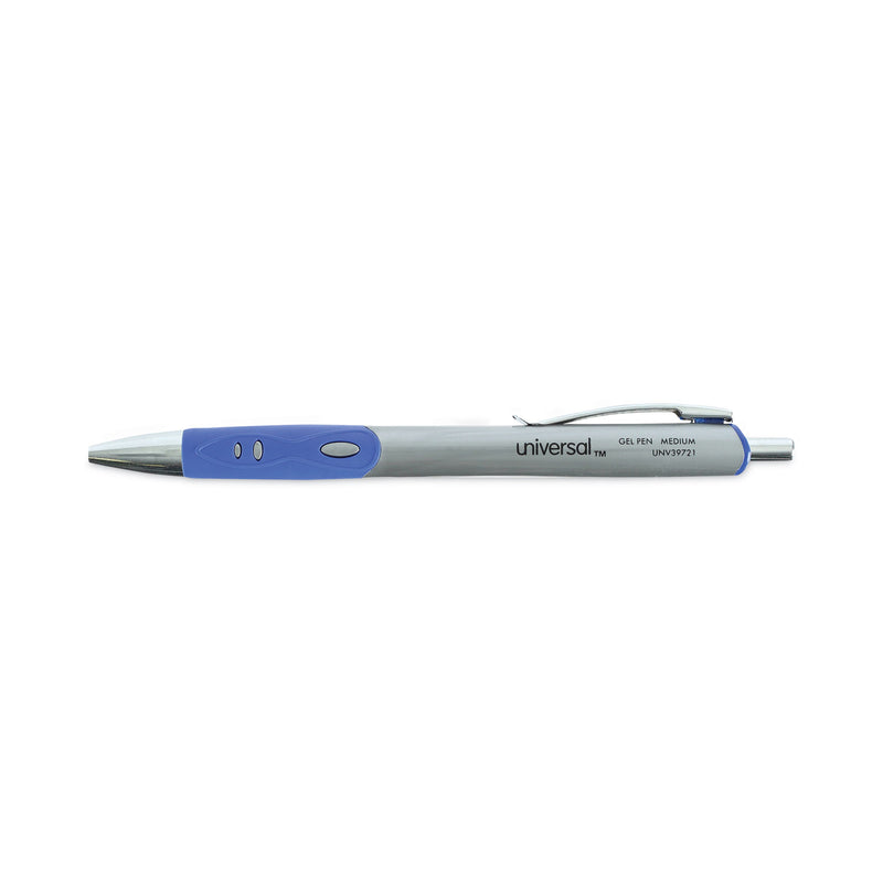 Universal Comfort Grip Gel Pen, Retractable, Medium 0.7 mm, Blue Ink, Silver Barrel, Dozen