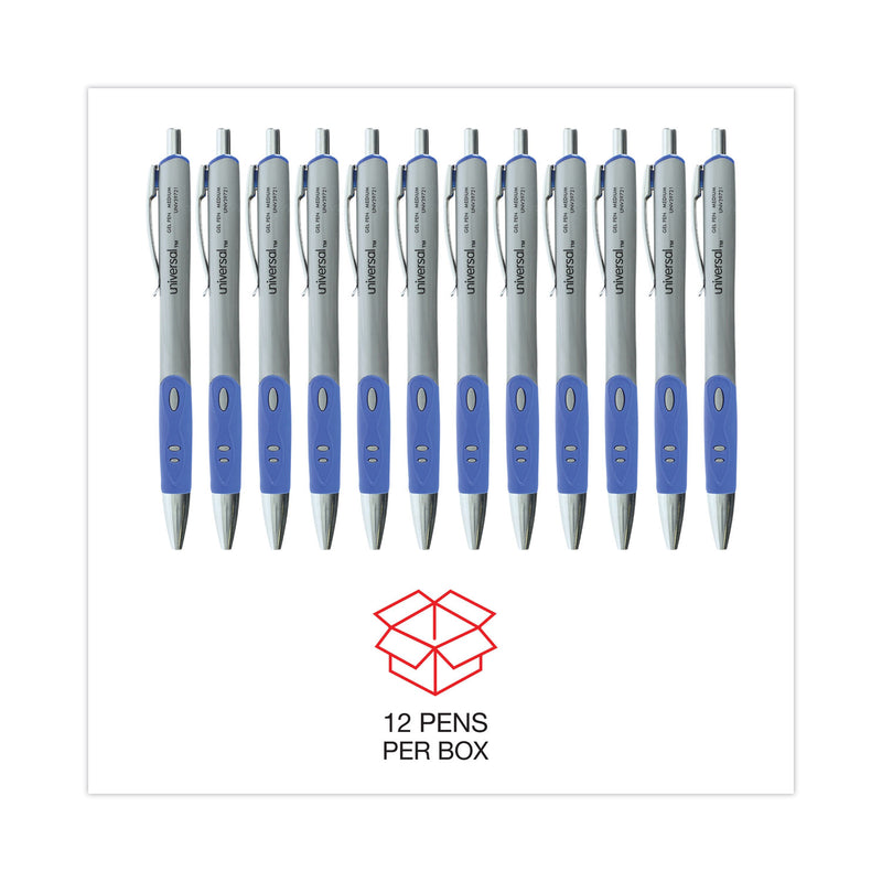 Universal Comfort Grip Gel Pen, Retractable, Medium 0.7 mm, Blue Ink, Silver Barrel, Dozen