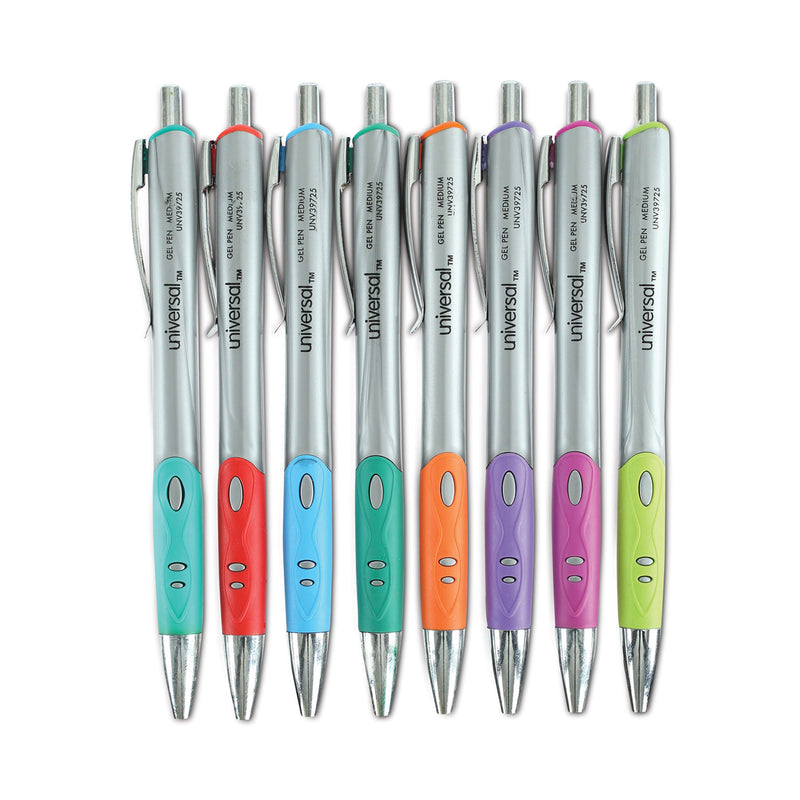 Universal Comfort Grip Gel Pen, Retractable, Medium 0.7 mm, Assorted Ink Colors, Silver Barrel, 8/Pack