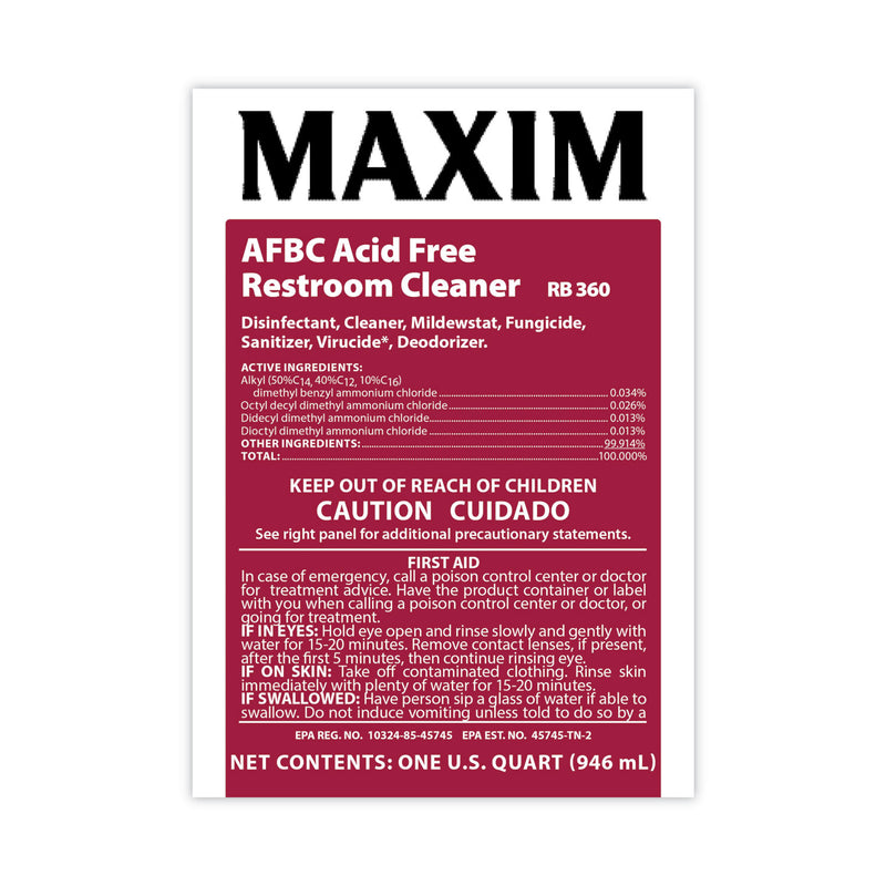 Maxim AFBC Acid-Free Restroom Cleaner, Safe-to-Ship, Fresh Scent, 32 oz Bottle, 6/Carton