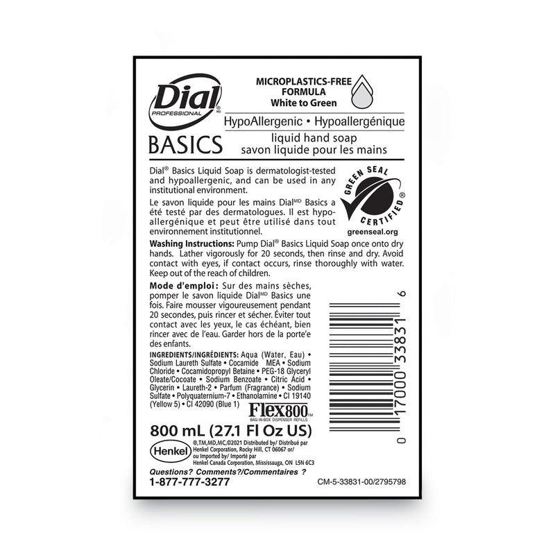 Dial Basics MP Free Liquid Hand Soap, Unscented, 800 mL Bag, 12/Carton