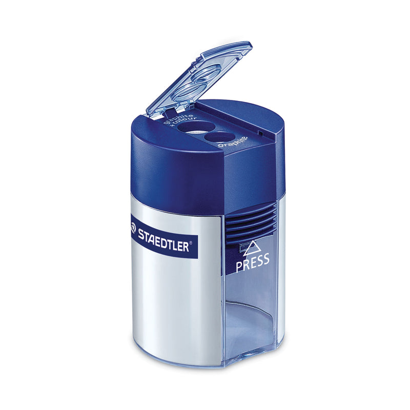 Staedtler Cylinder Handheld Pencil Sharpener, Two-Hole, 1.63 x 2.25, Blue/Silver