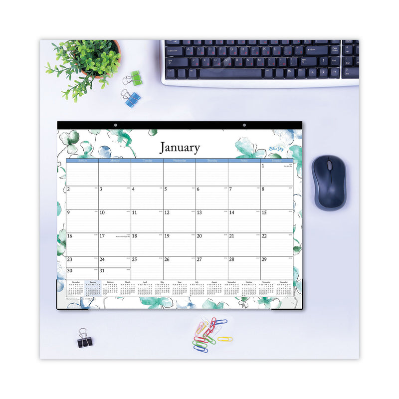 Blue Sky Lindley Desk Pad, Floral Artwork, 22 x 17, White/Blue/Green Sheets, Black Binding, Clear Corners, 12-Month (Jan-Dec): 2023