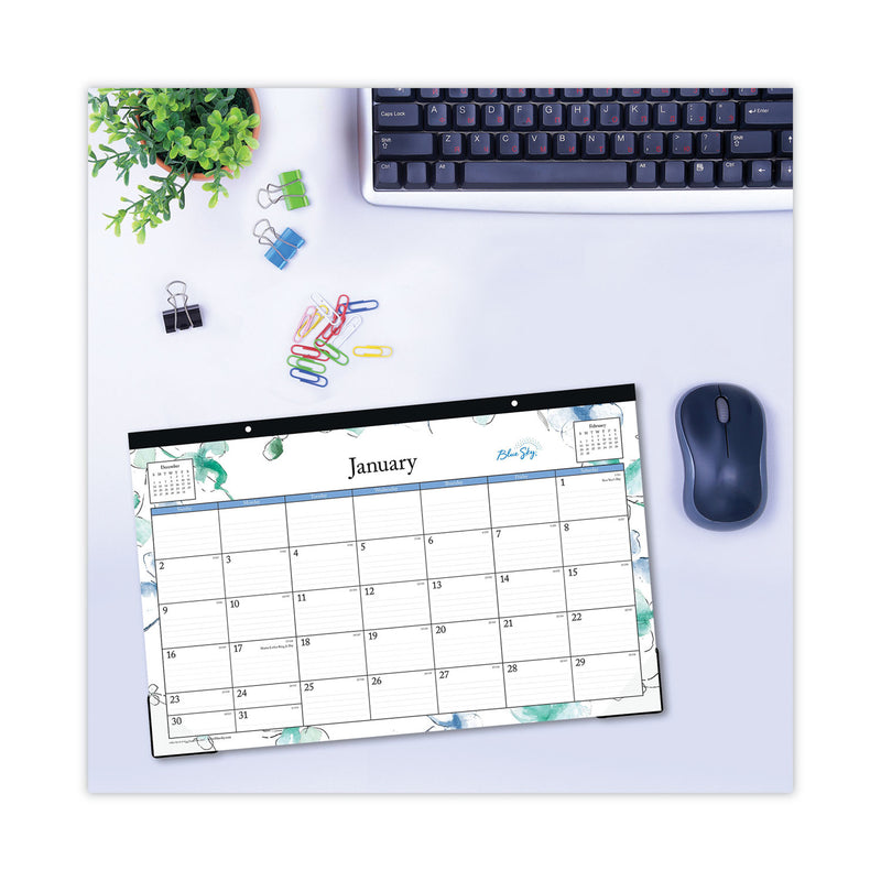 Blue Sky Lindley Desk Pad, Floral Artwork, 17 x 11, White/Blue/Green Sheets, Black Binding, Clear Corners, 12-Month (Jan-Dec): 2023
