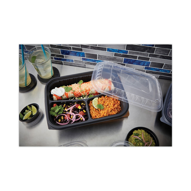 Pactiv Evergreen EarthChoice Entree2Go Takeout Container, 3-Compartment, 48 oz, 11.75 x 8.75 x 2.13, Black, Plastic, 200/Carton