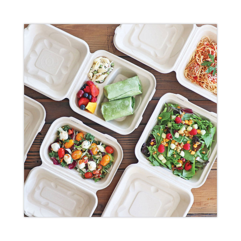 World Centric Fiber Hinged Containers, 3-Compartment, 8 x 8 x 3, Natural, Paper, 300/Carton