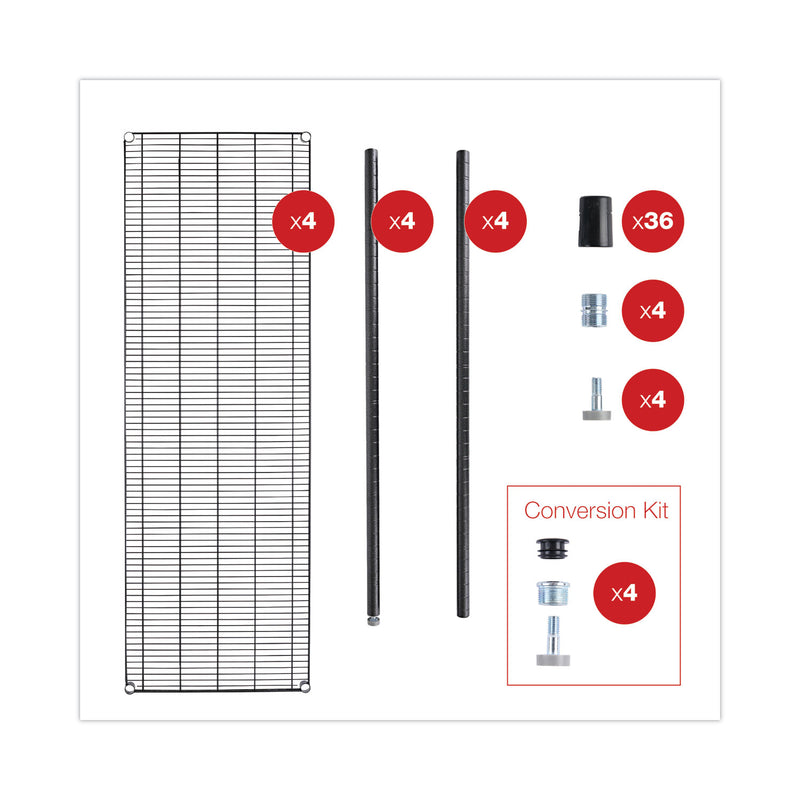 Alera BA Plus Wire Shelving Kit, Four-Shelf, 72w x 24d x 72h, Black Anthracite Plus