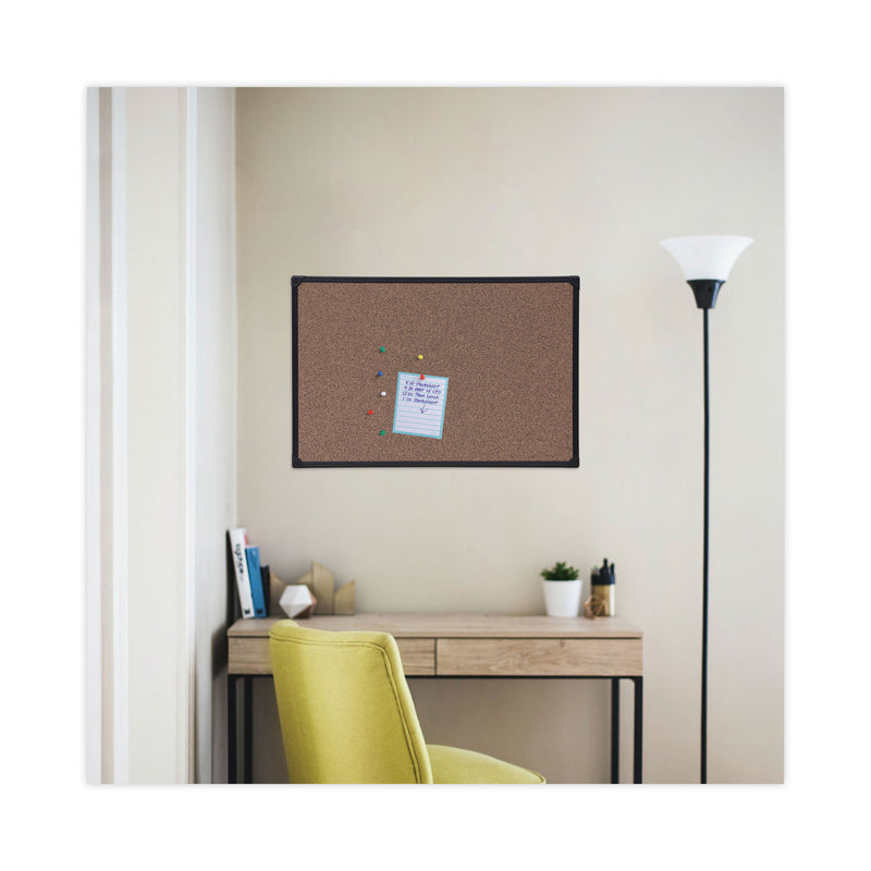 Universal Tech Cork Board, 36 x 24, Cork, Black Plastic Frame