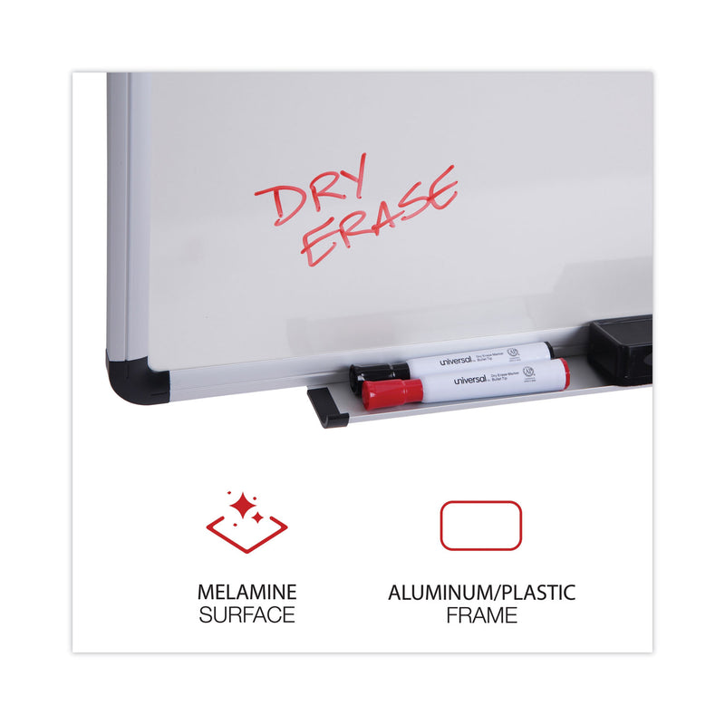 Universal Dry Erase Board, Melamine, 36 x 24, White, Black/Gray Aluminum/Plastic Frame