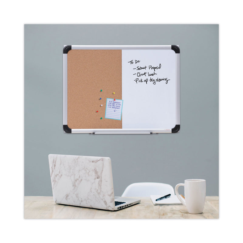 Universal Cork/Dry Erase Board, Melamine, 24 x 18, Black/Gray Aluminum/Plastic Frame