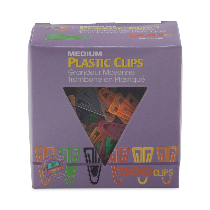 GEM Plastic Paper Clips, Medium, Smooth, Assorted Colors, 500/Box