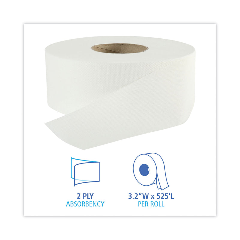 Boardwalk Jumbo Roll Bathroom Tissue, Septic Safe, 2-Ply, White, 3.2" x 525 ft, 12 Rolls/Carton