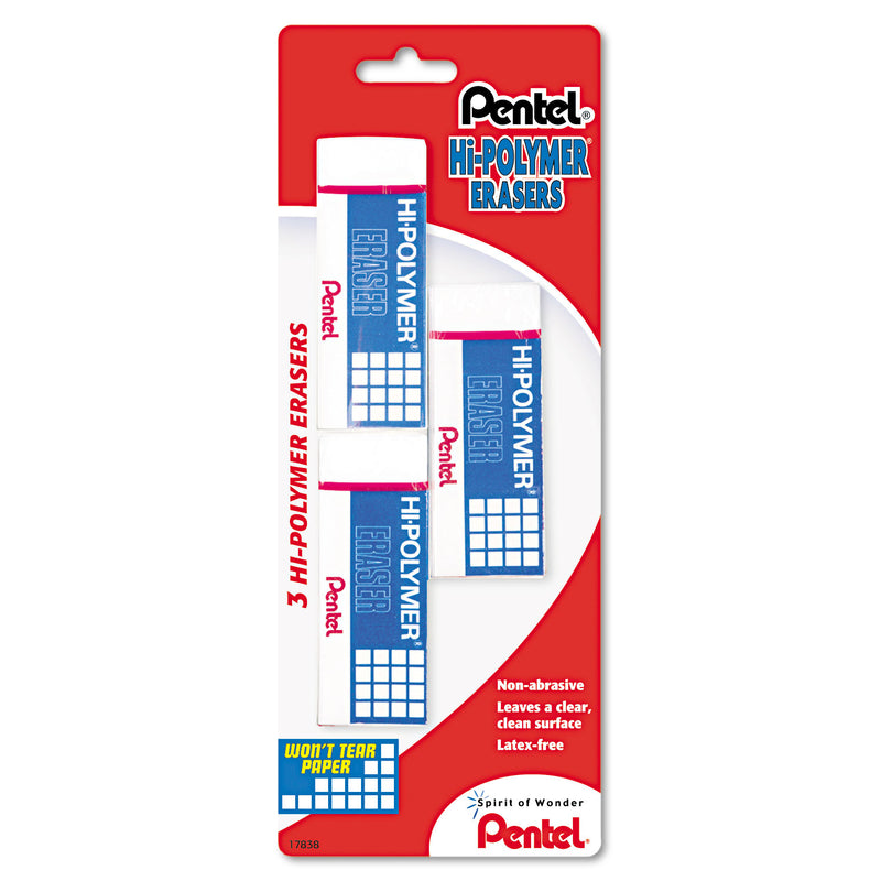 Pentel Hi-Polymer Eraser, For Pencil Marks, Rectangular Block, Medium, White, 3/Pack