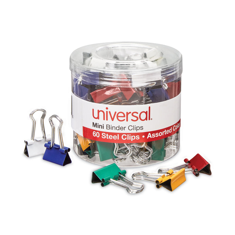 Universal Binder Clips with Storage Tub, Mini, Assorted Colors, 60/Pack