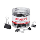 Universal Binder Clips with Storage Tub, (50) Small (0.75"), (10) Medium (1.25"), Black/Silver