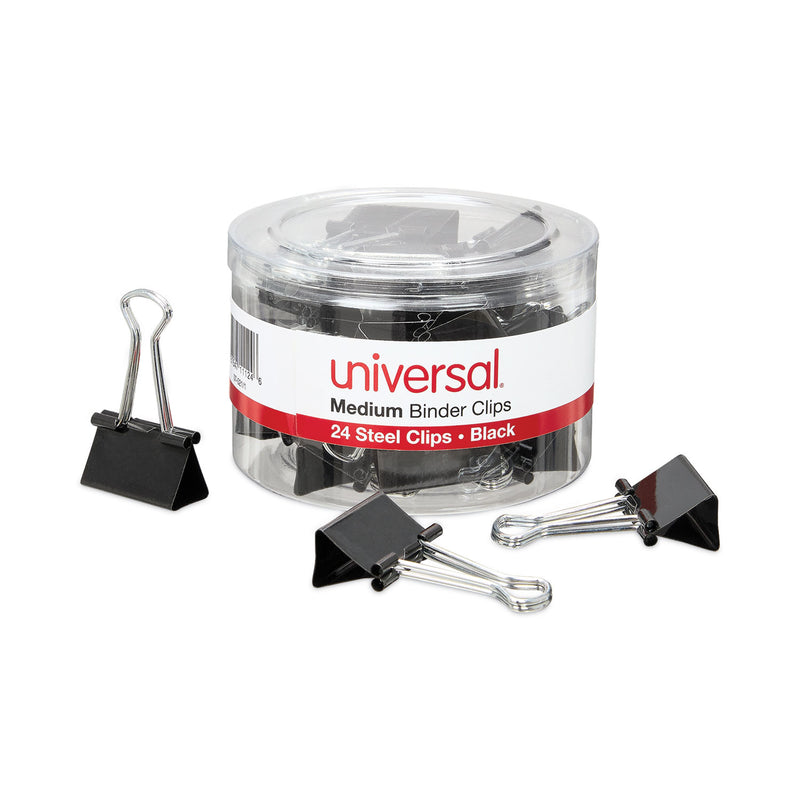 Universal Binder Clips with Storage Tub, Medium, Black/Silver, 24/Pack