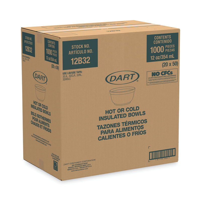 Dart Insulated Foam Bowls, 12 oz, White, 50/Pack, 20 Packs/Carton