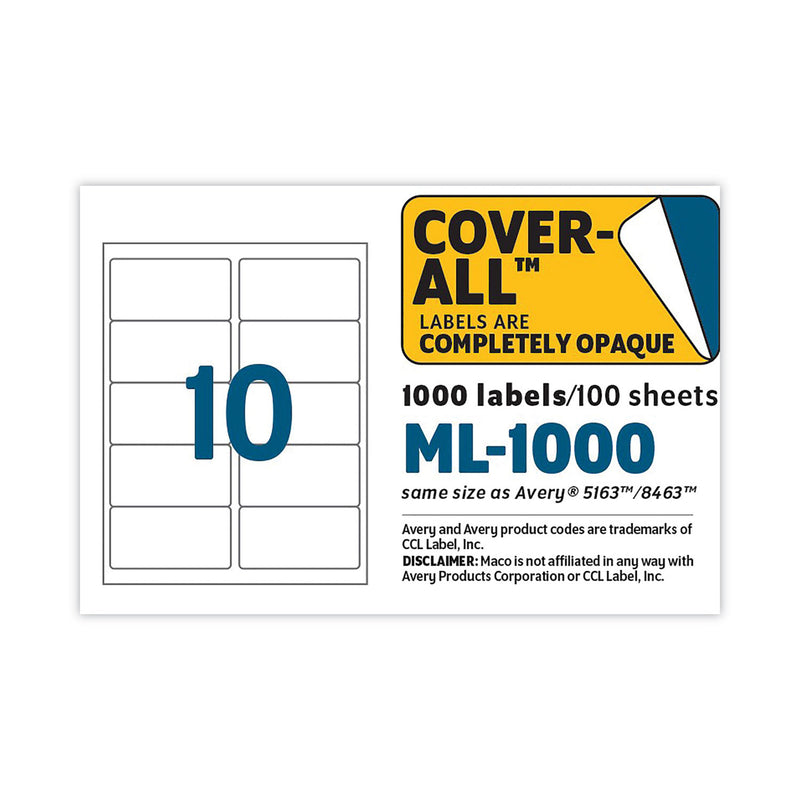 MACO Cover-All Opaque Laser/Inkjet Shipping Labels, Inkjet/Laser Printers, 2 x 4, White, 10 Labels/Sheet, 100 Sheets/Box