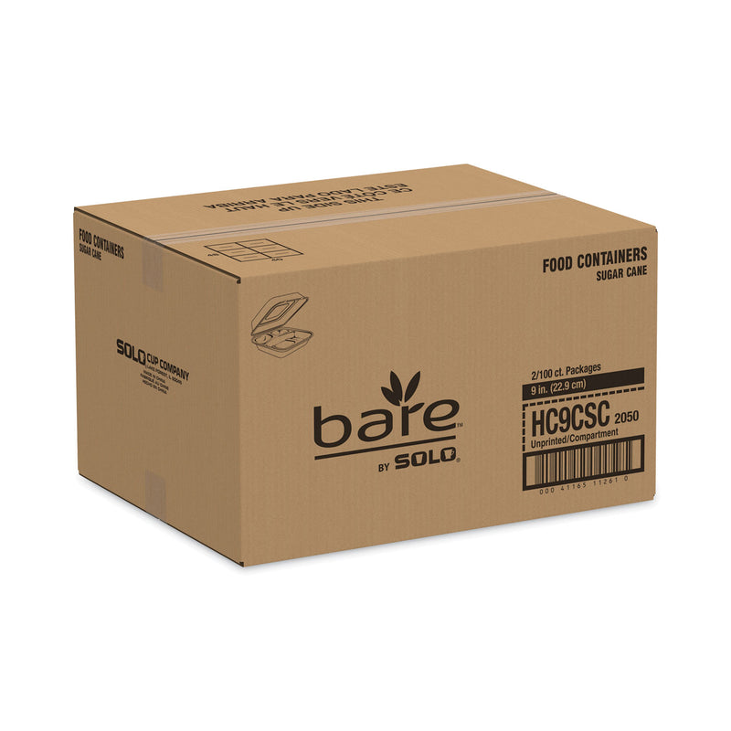 Dart Bare by Solo Eco-Forward Bagasse Hinged Lid Containers, 3-Compartment, 9.6 x 9.4 x 3.2, Ivory, Sugarcane, 200/Carton