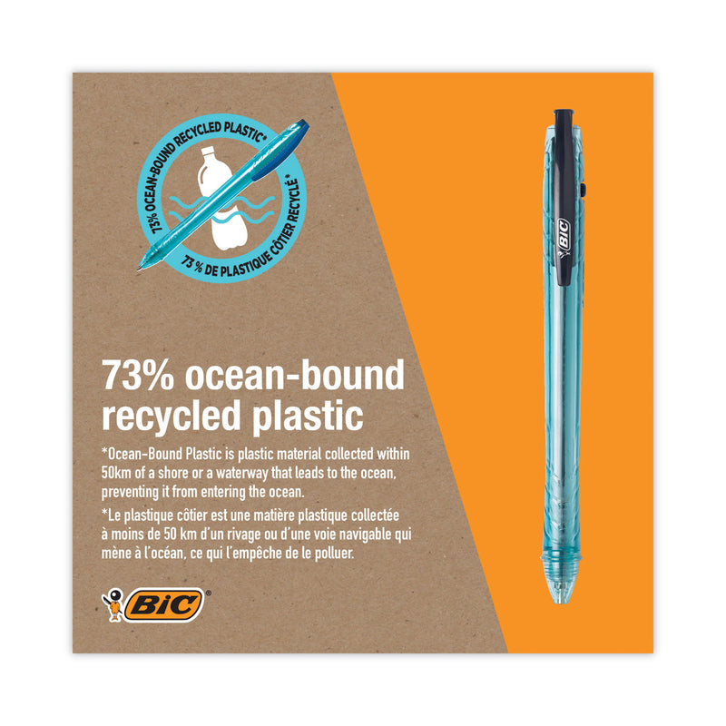 BIC ReVolution Ocean Bound Ballpoint Pen, Retractable, Medium 1 mm, Black Ink/Translucent Blue Barrel, Dozen