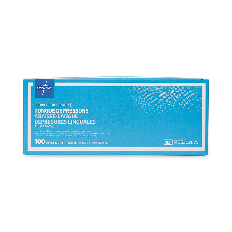 Medline Sterile Tongue Depressors, Wood, 6" Long, 100/Box