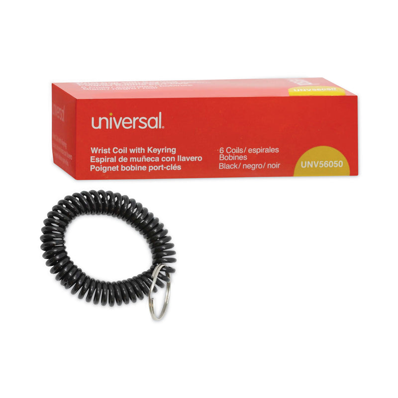 Universal Wrist Coil Plus Key Ring, Plastic, Black, 6/Pack