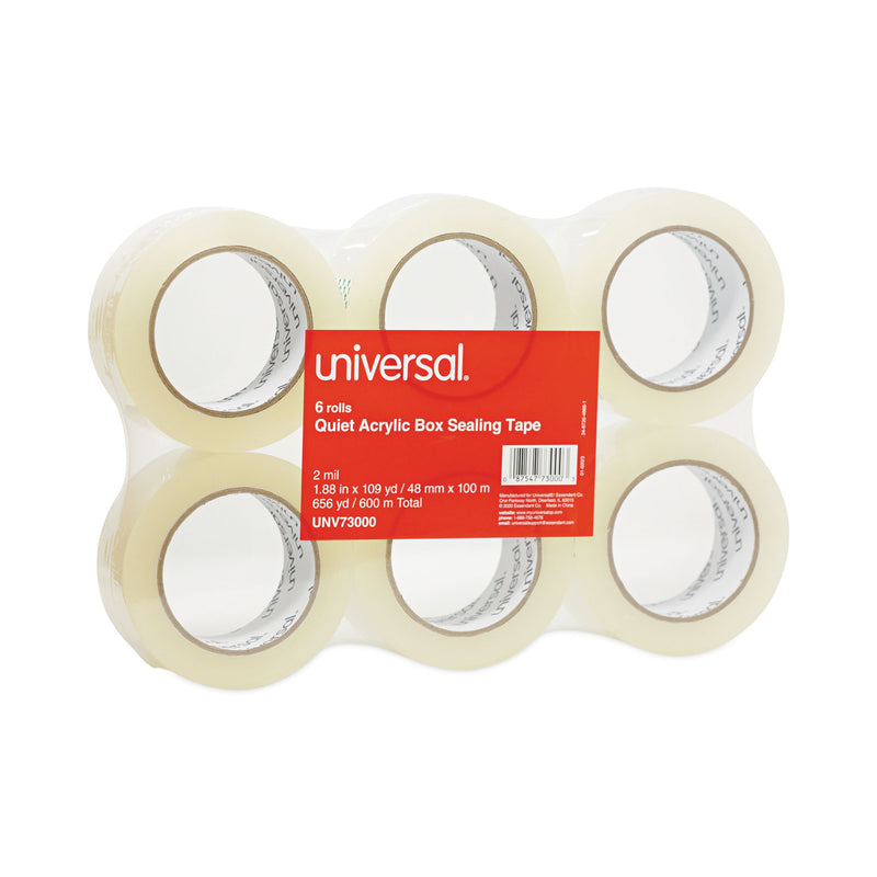 Universal Quiet Tape Box Sealing Tape, 3" Core, 1.88" x 110 yds, Clear, 6/Pack