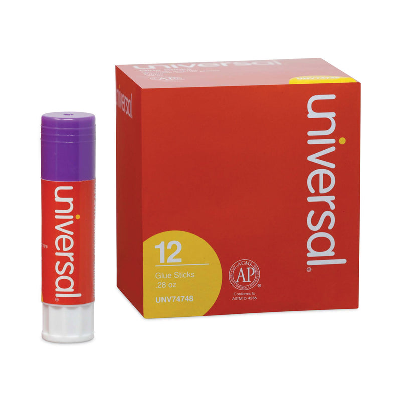 Universal Glue Stick, 0.28 oz, Applies Purple, Dries Clear, 12/Pack