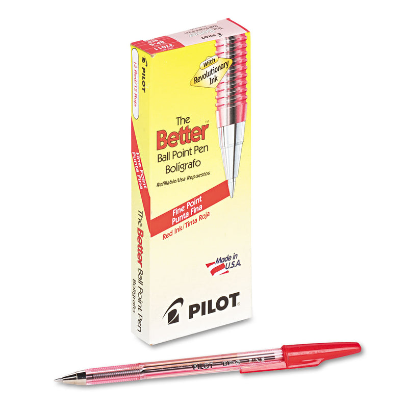 Pilot Better Ballpoint Pen, Stick, Fine 0.7 mm, Red Ink, Translucent Red Barrel, Dozen