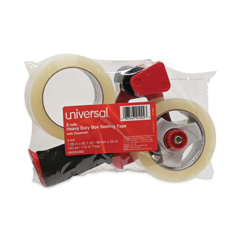 Universal Heavy-Duty Box Sealing Tape with Pistol Grip Dispenser, 3" Core, 1.88" x 60 yds, Clear, 1 Dispenser and 2 Tape Rolls/Pack