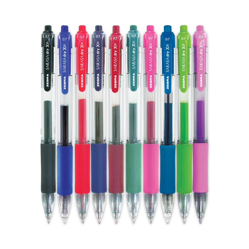 Zebra Sarasa Dry Gel X20 Gel Pen, Retractable, Medium 0.7 mm, Assorted Ink and Barrel Colors, 10/Pack
