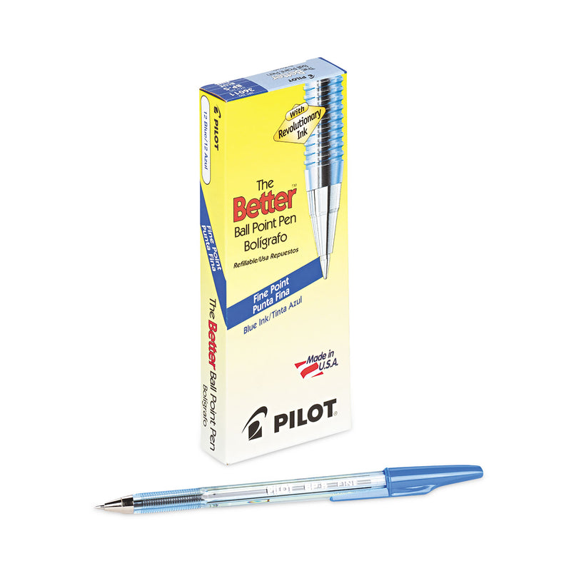 Pilot Better Ballpoint Pen, Stick, Fine 0.7 mm, Blue Ink, Translucent Blue Barrel, Dozen